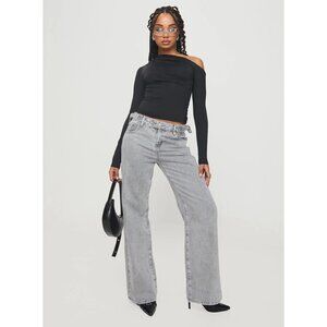 Princess Polly Scheana Size 16 Gray Low Rise Waist Buckle Detail Wide Leg Jeans